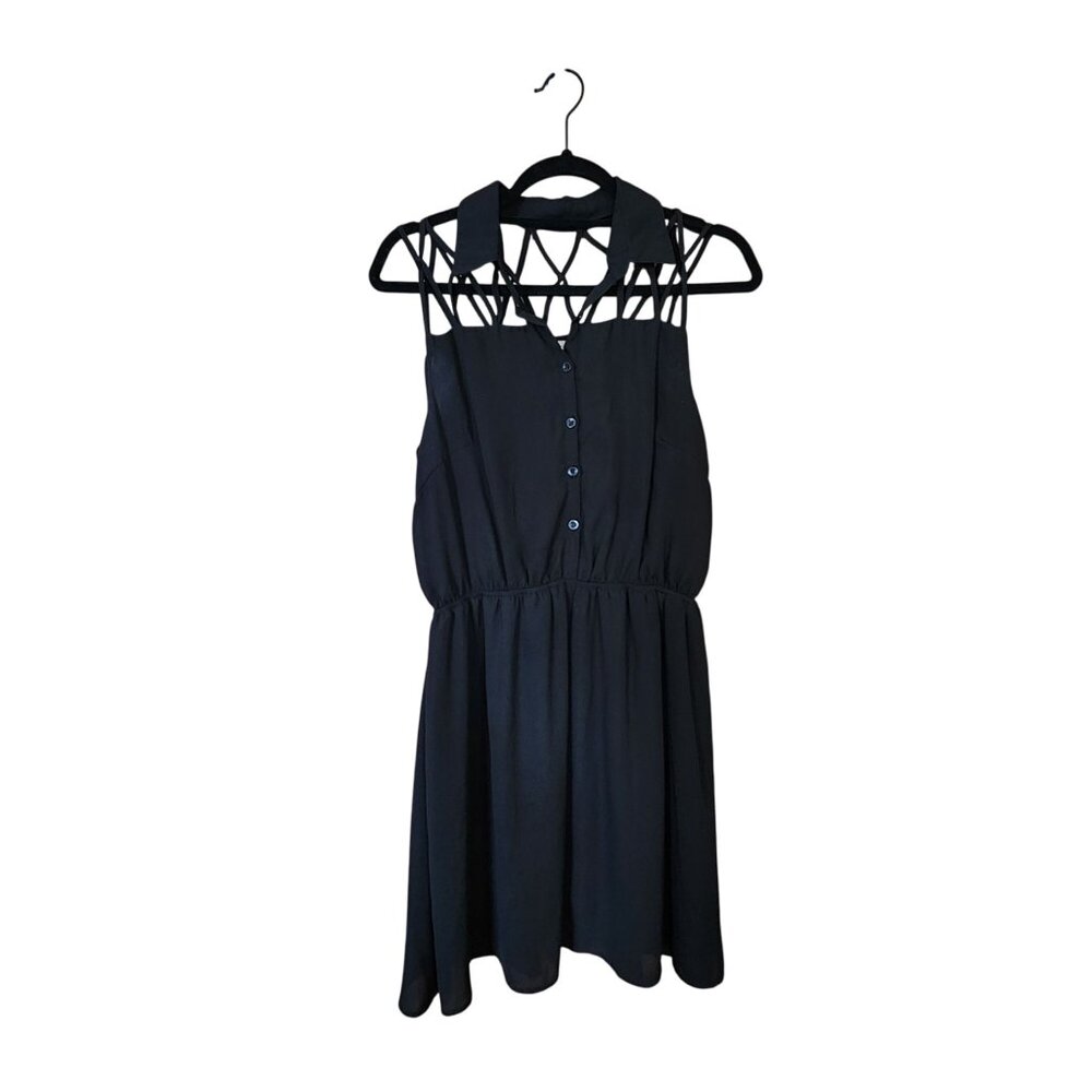 Black Sleeveless Paper Crane Dress With Crisscross Neckline & Button Front - Siz